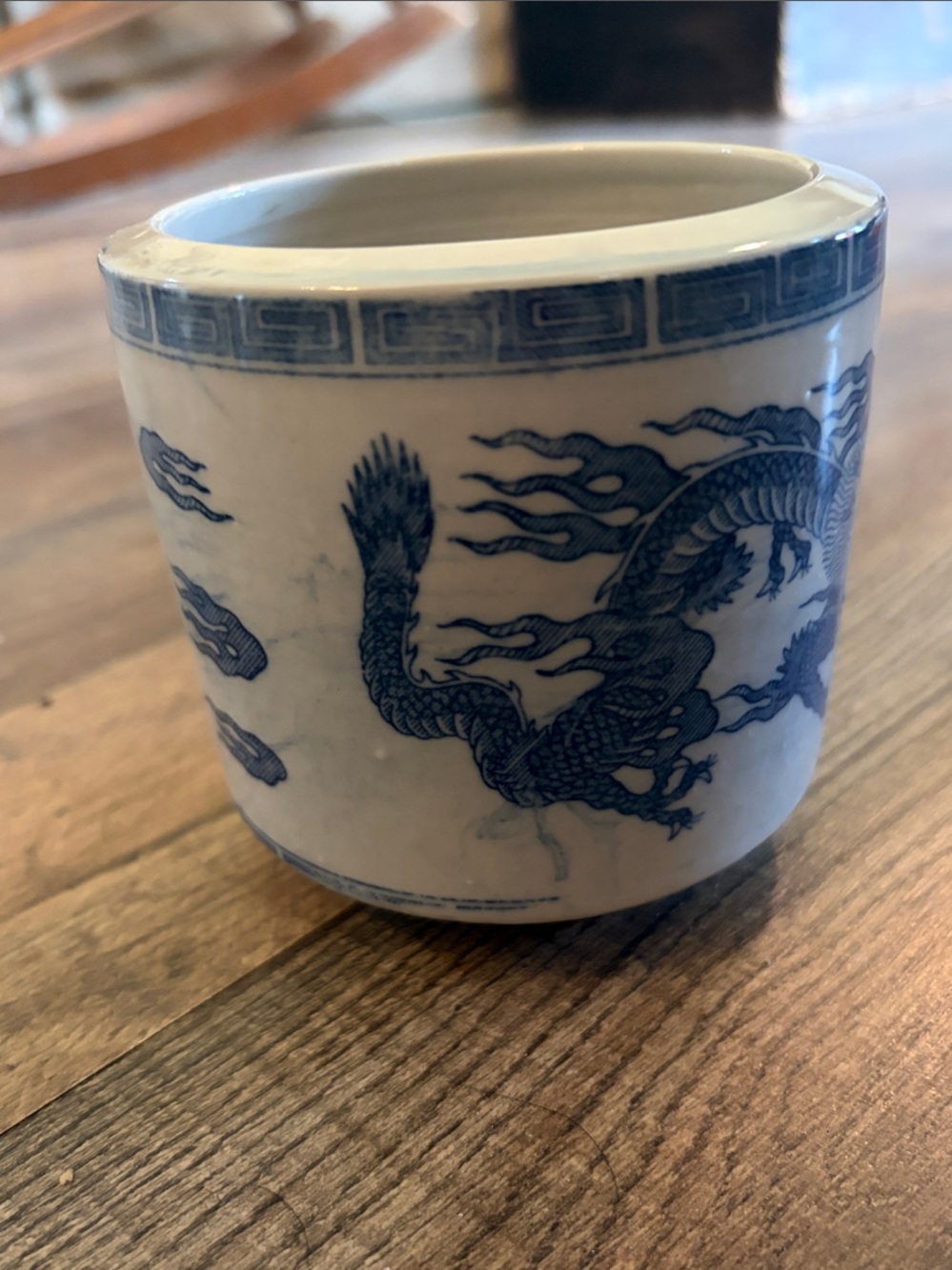 Vintage Chinese Ceramic Brush Pot Vase Blue Dragons Chasing Pearl Of Wisdom Old